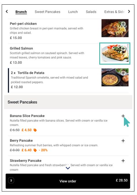 Click on the product image or plus symbol to add the item to cart