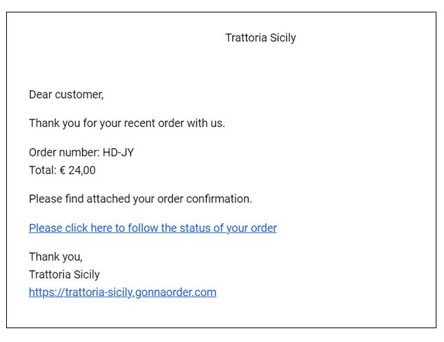 Order receipt email showing order information