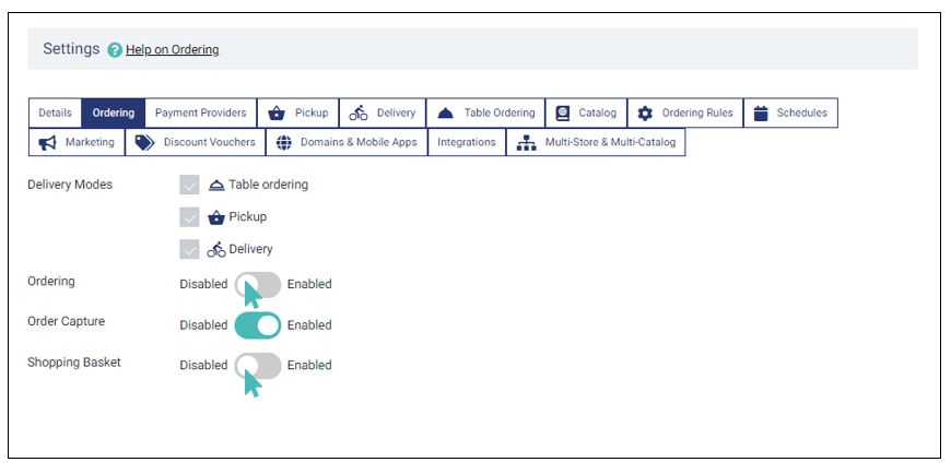 Ordering and shopping basket disabled