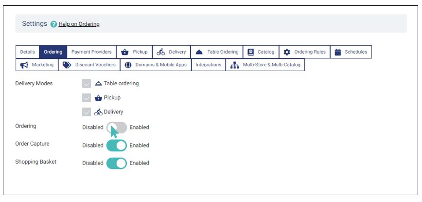 When ordering is disabled, two settings appear on the page; order capture and Shopping basket. Both are enabled by default.