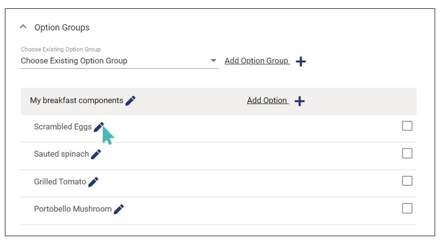 Modification des groupes d'options et des options