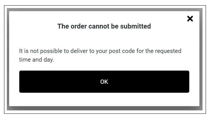 Error: Delivery at address not possible. Order placed outside schedule