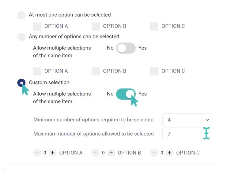 Définition des options minimale et maximale pour la sélection personnalisée