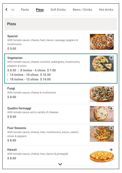 Price variants in the menu