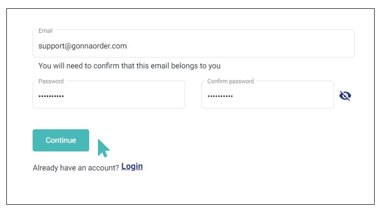 Provide email and choose a password to create an account
