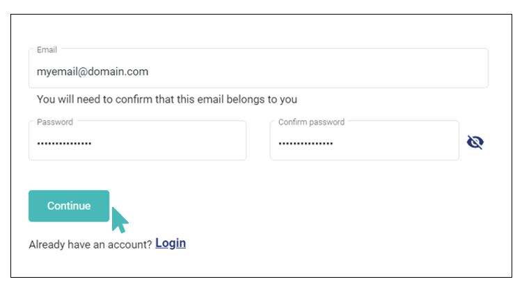 Provide email and choose a password to create an account