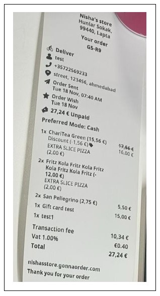 Sample Single Order Ticket Receipt