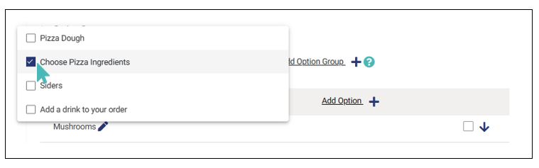 Select option group to add to a price variant