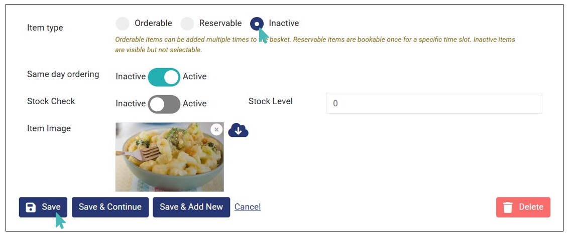 Change Item Status to Non Orderable by Selecting Inactive