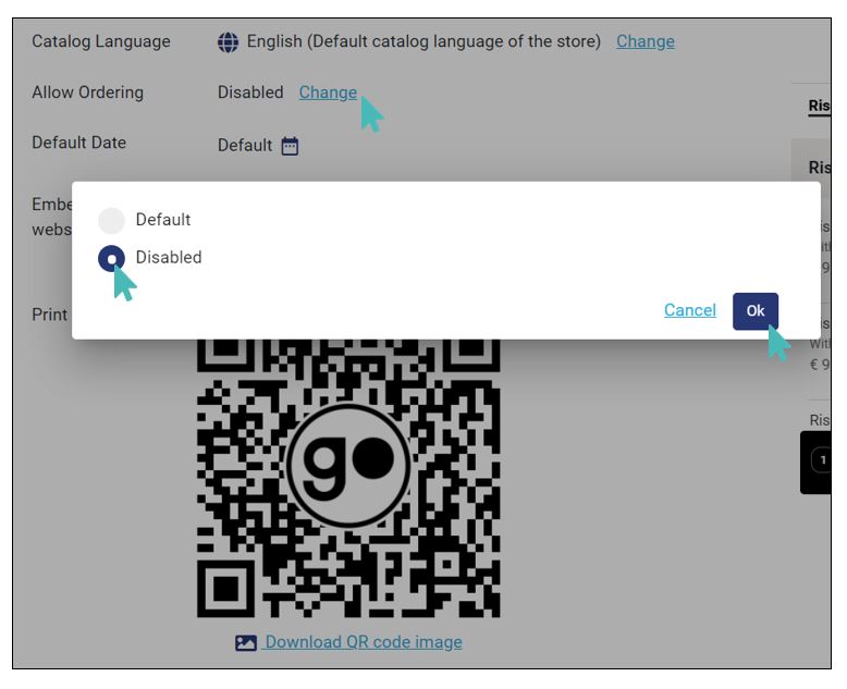 Disable ordering for sharable link