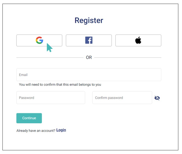 Register withy social accounts: Google