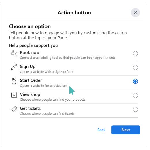 Select the start order option from the list of action buttons.
