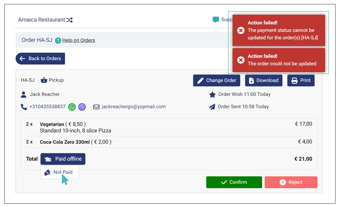 Error in Changing Payment Status