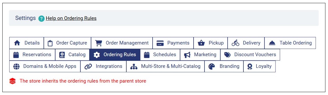 Ordering Rules Settings for a Child Store with Inherited Catalog