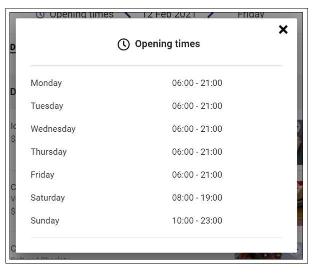 opening times on the user interface