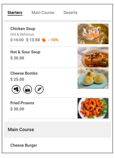Customer menu showing item characteristics and allergens
