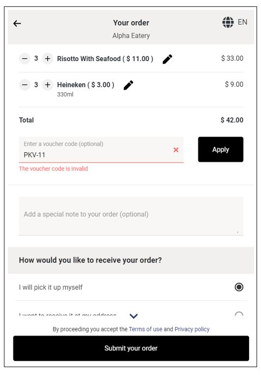 Invalid voucher code applied