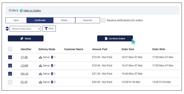 Mark and combine orders from the same table, room, or location