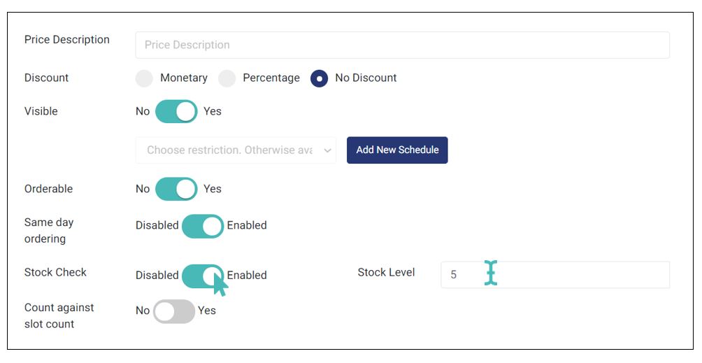Enable stock check for an item and set stock level