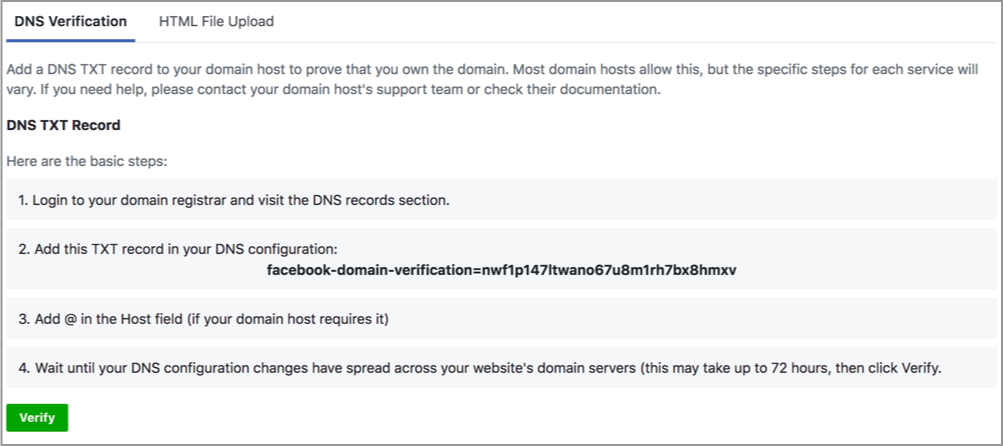 Facebook Domain verification text sample