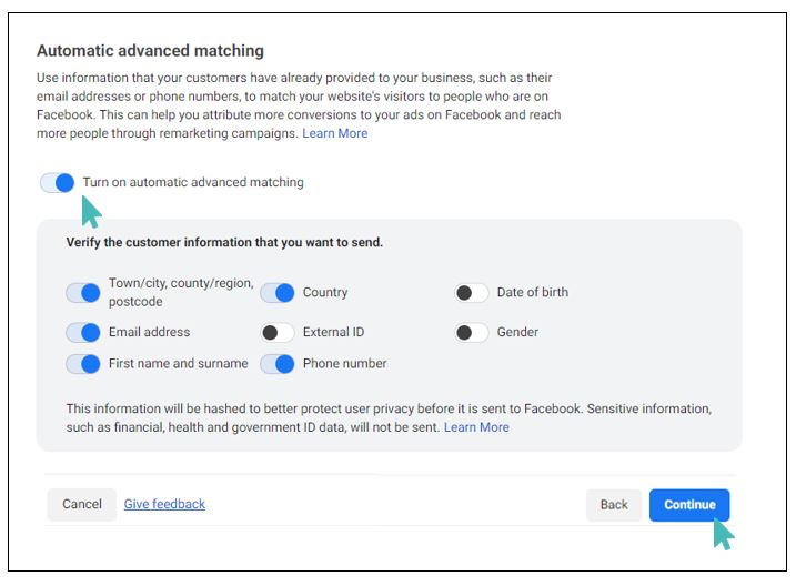 A screenshot of Facebook business dashboard showing how to turn on advanced matching and select what data to share.
