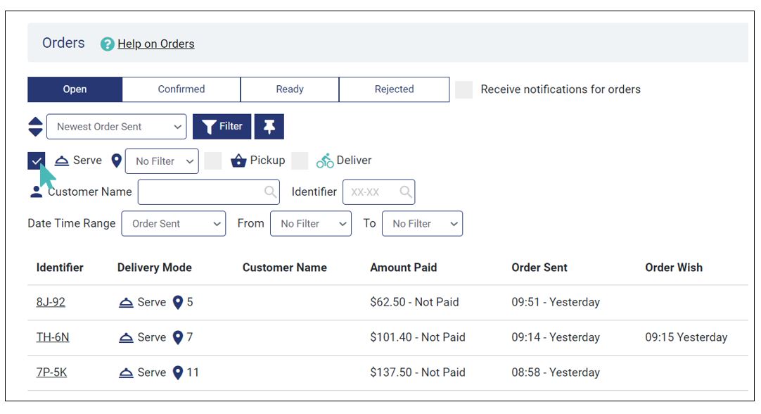 Filtered serve orders