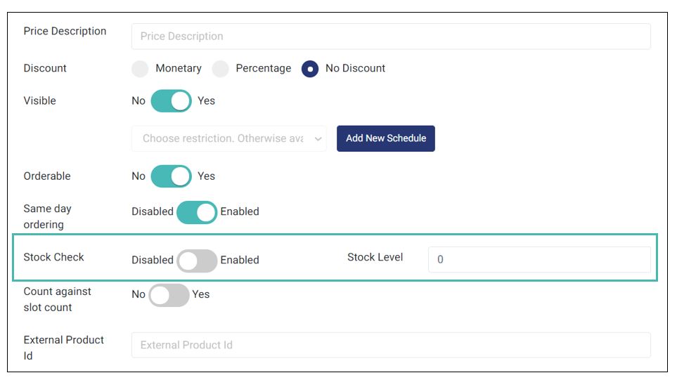 The stock check field appears after activating stock management