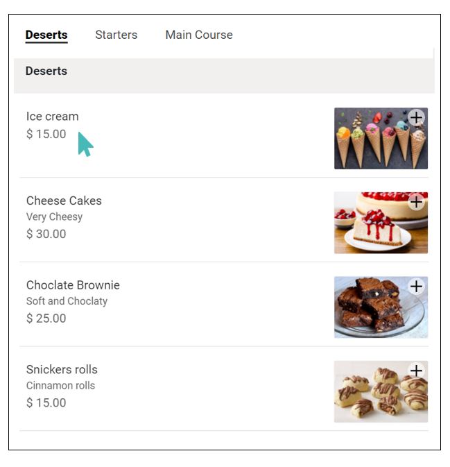 Customer interface showing items under dessert category