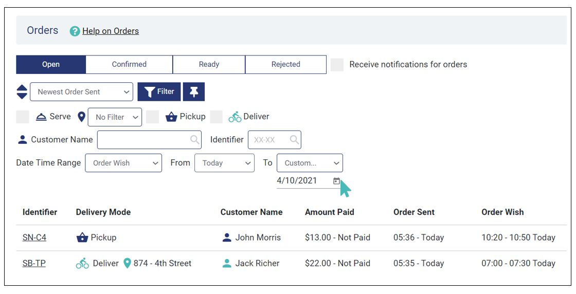 Order filtering- custom end date