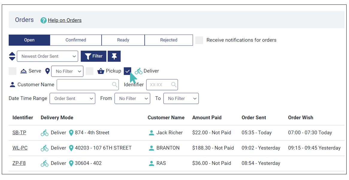 Filter delivery orders