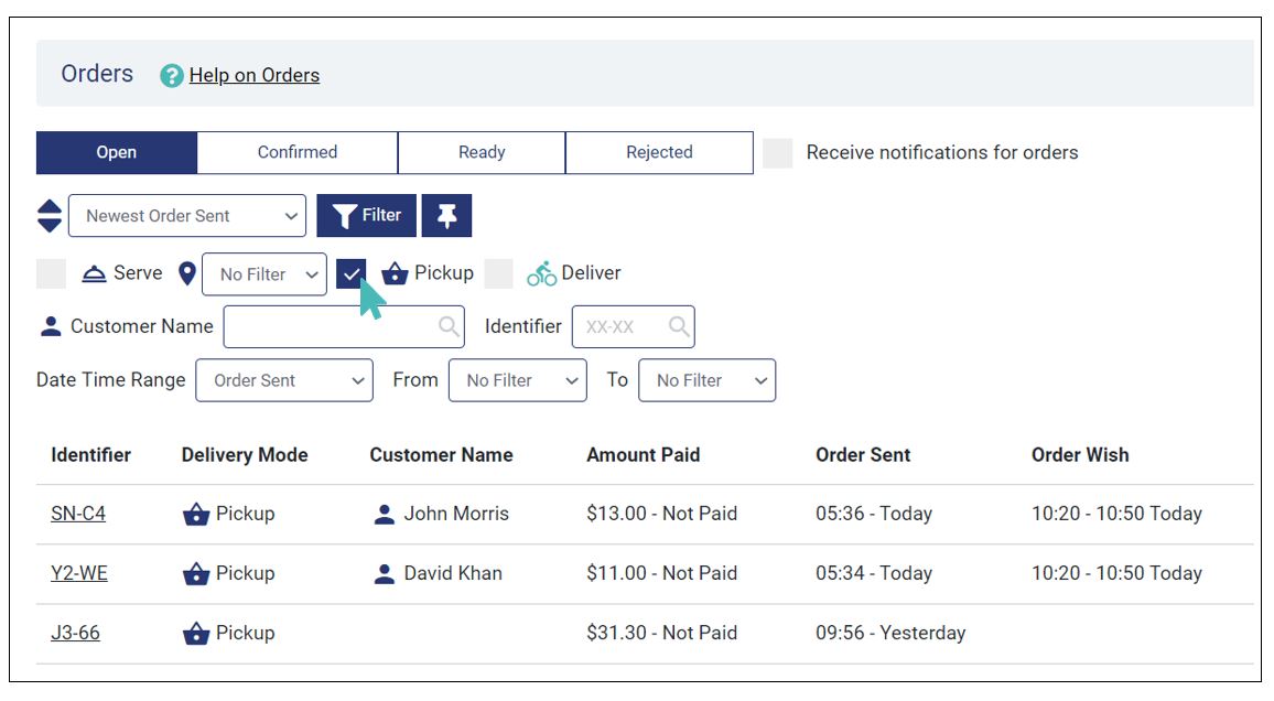 Filtered pickup orders