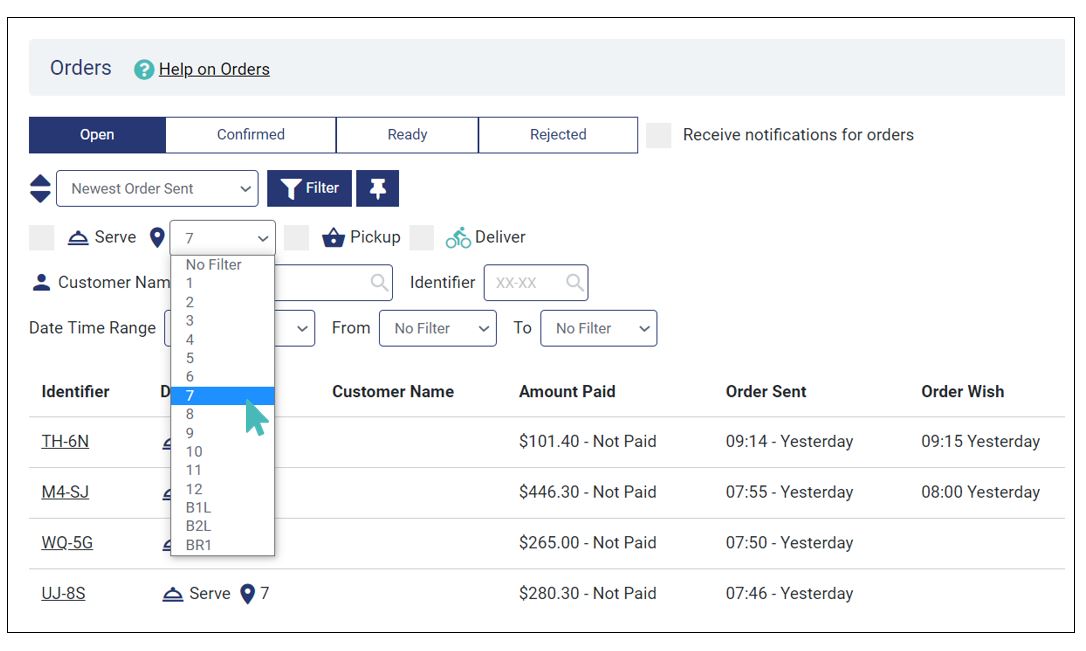 Filter orders associated with table 7 using the table/location filter