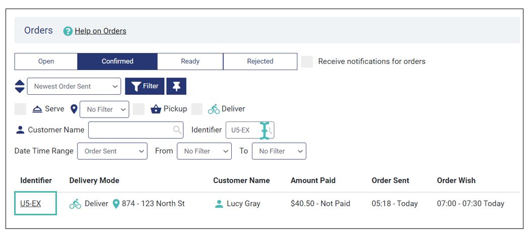 Searching orders using order identifier