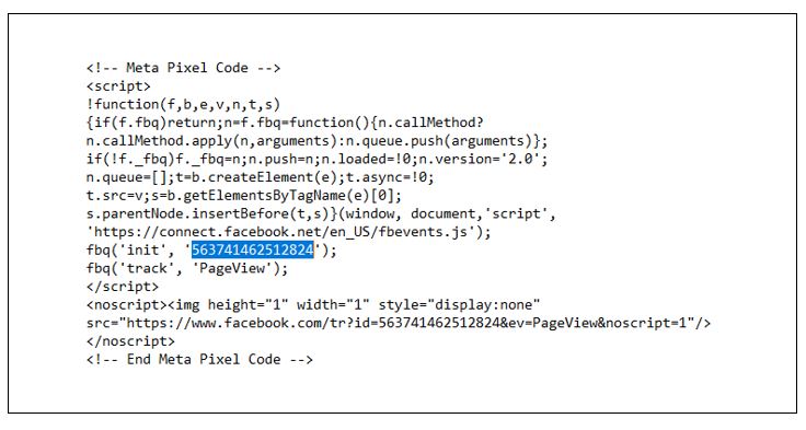 The base facebook pixel code as pasted in a text file. The numeric pixel ID is highlighted in blue