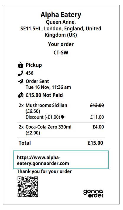 Order receipt showing website address
