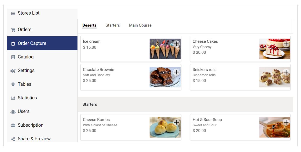 A section of the order capture page