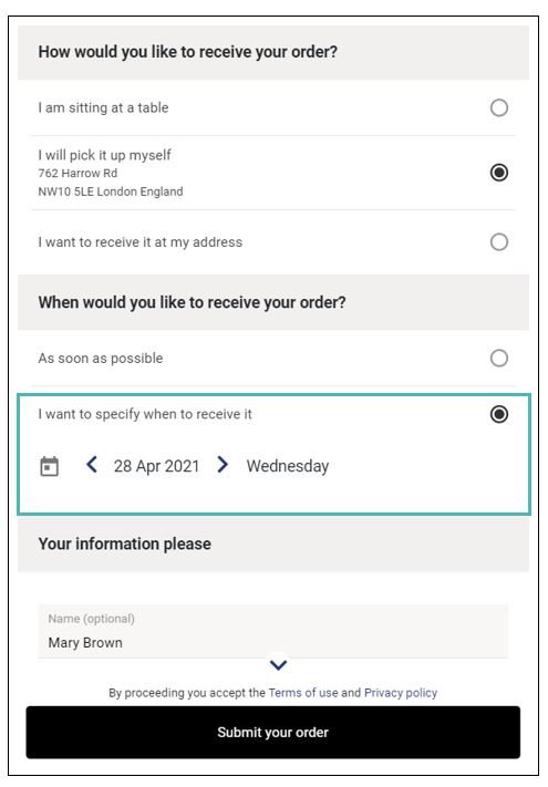 Order desired date selection; time field hidden