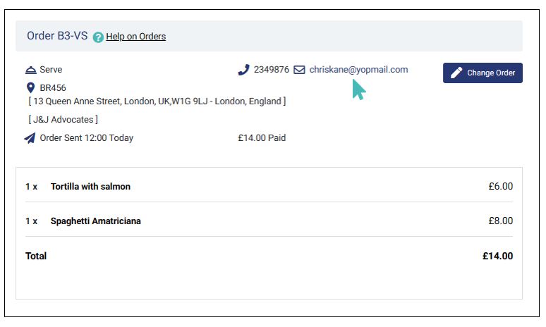 Location email and phone shown in an order