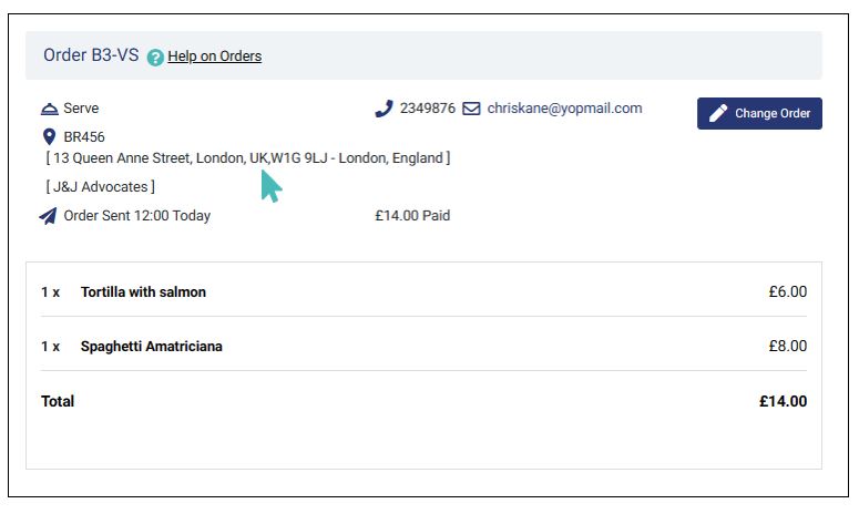 An order submitted from a location is marked as a service order and shows the location address. The phone number, email address, and location comment are also shown. 
