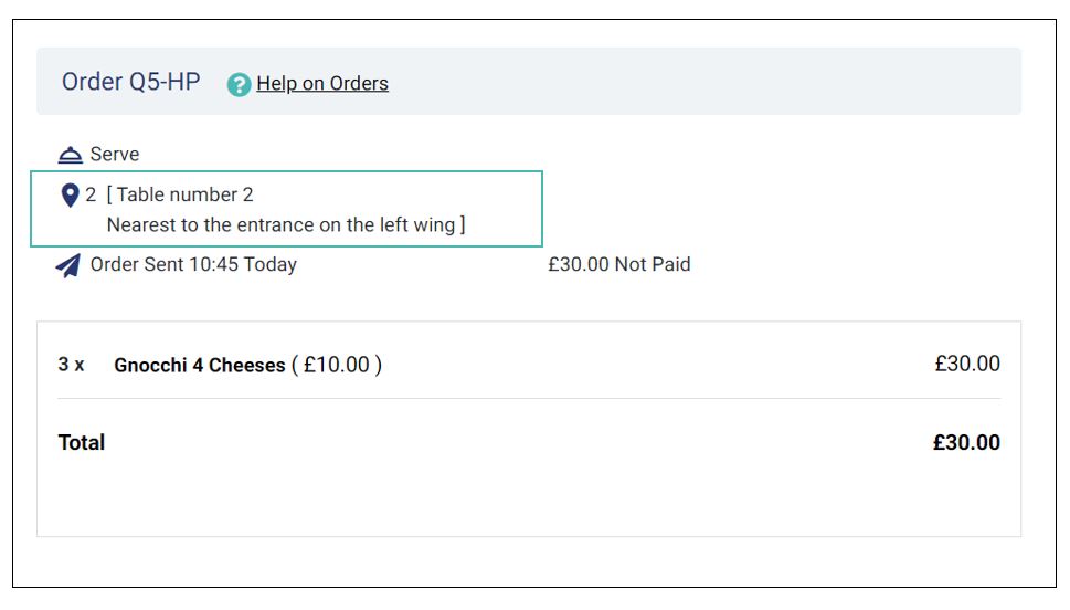 Table comments in an order