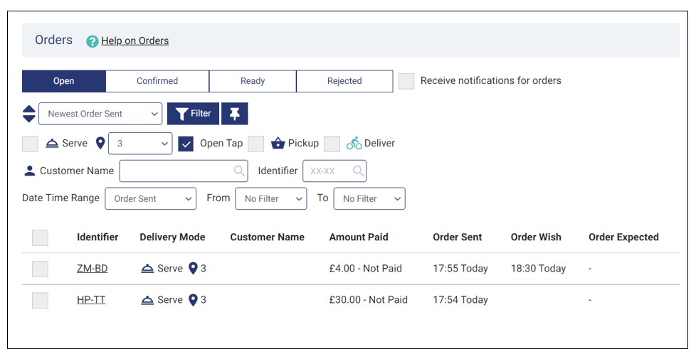 Orders filtered from a table with an open order tab