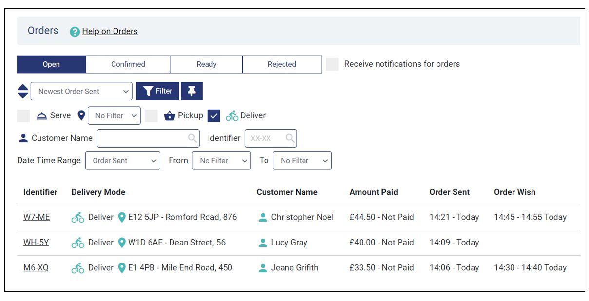 Delivery orders in the store dashboard