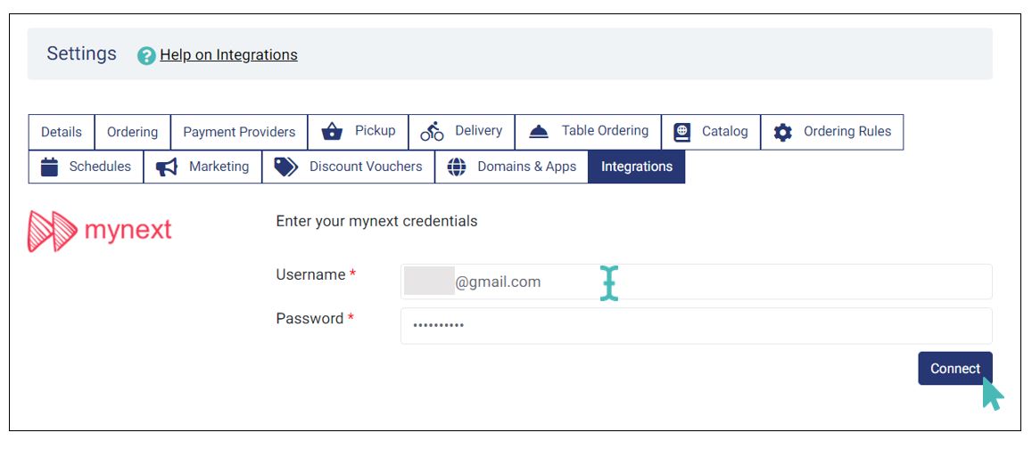 Connecting to mynext with a username and password