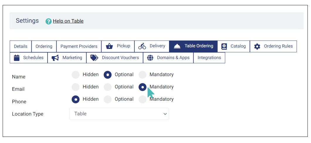Defining mandatory customer information fields for table ordering