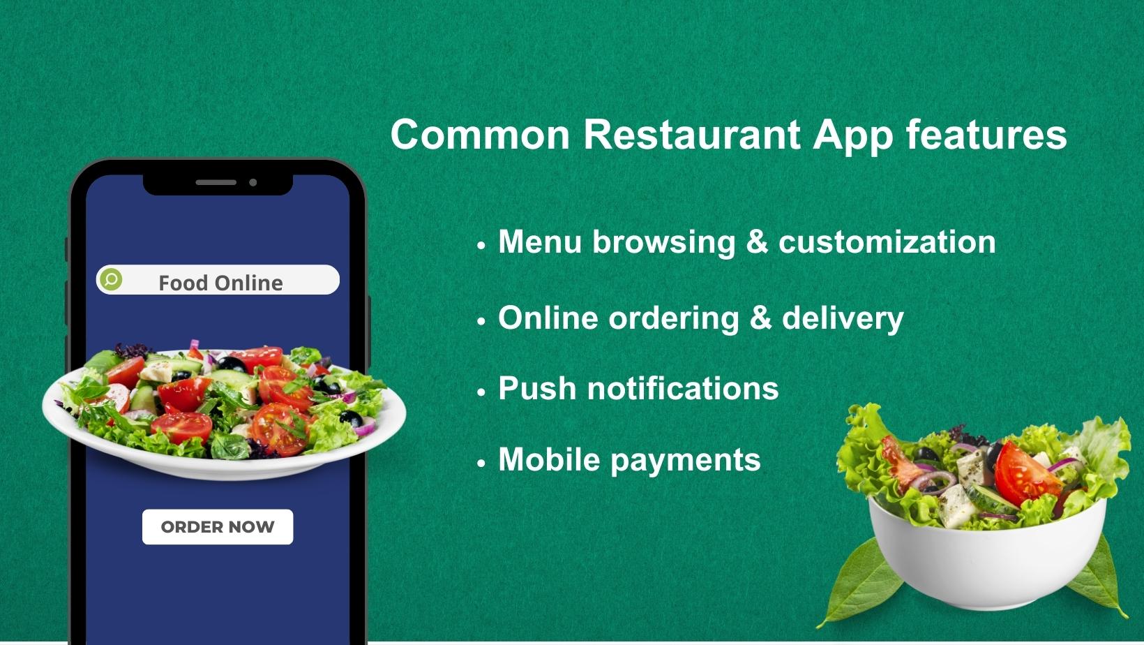 List of common restaurant features shown alongside a mobile app illustration.