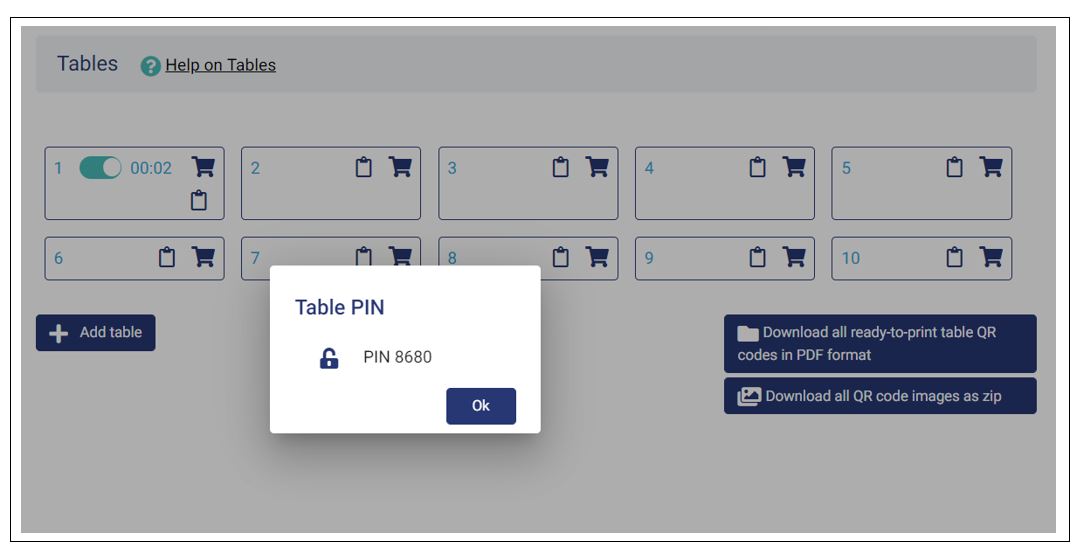 Shareable 4 digit table PIN