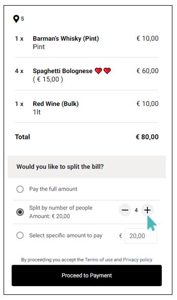 A bill is split for four people.
