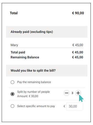 Split bill by 3 and pay €30 on a €90 check