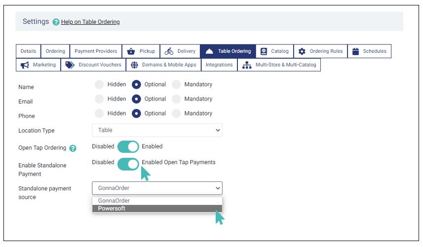 Enable standalone payments and set Powersoft as the standalone payment source