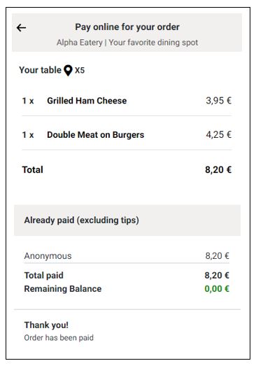 A fully paid order showing previous payment and a zero remaining balance.